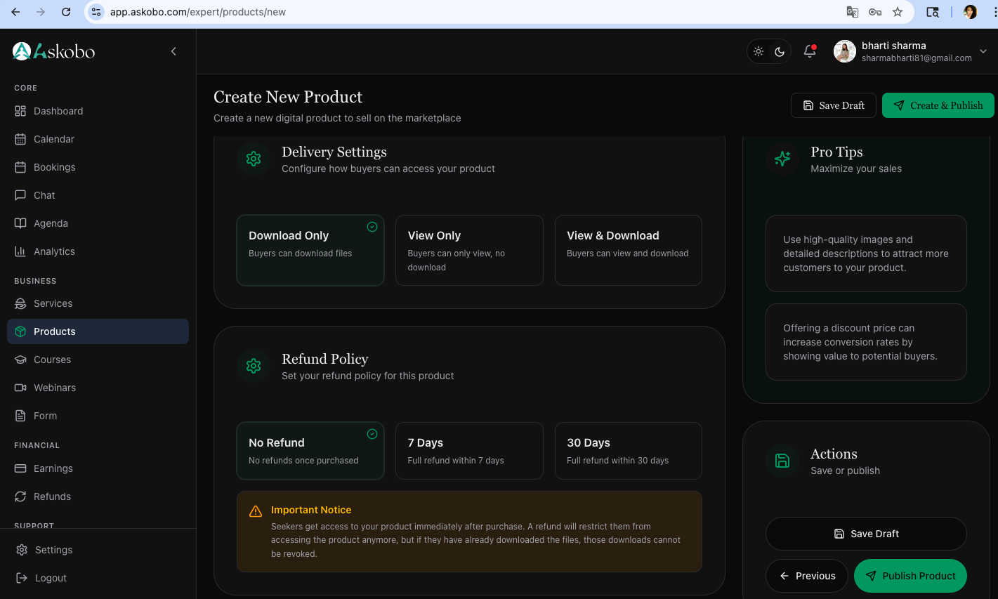 Settings Tab - Delivery and Refund Policy